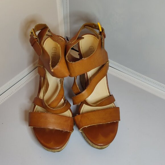 Guess Womens Brown Strap Leather Cork Wedge Sandals Size 6.5 - Picture 2 of 6